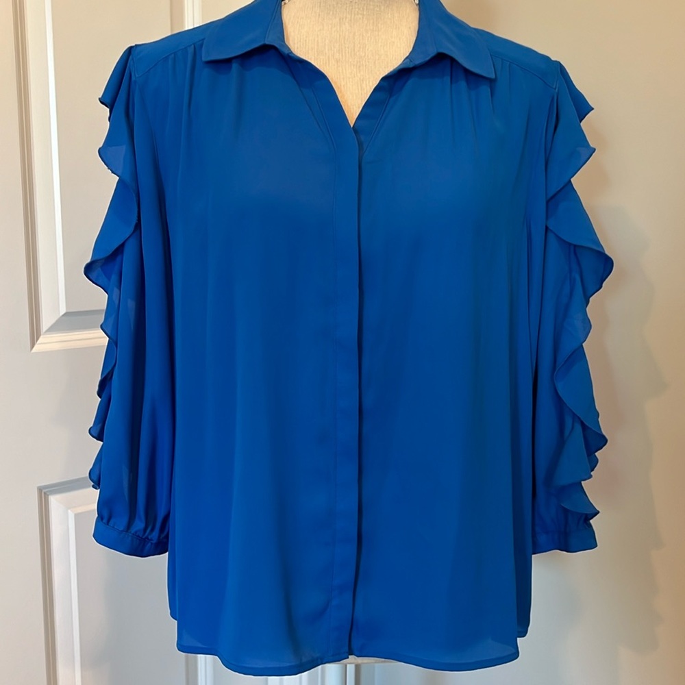 Investments Petites blue blouse with open ruffle sleeves
